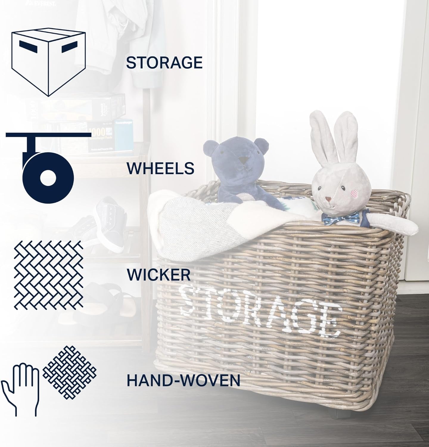 BSK1001A Yael Coastal Hand-Woven STORAGE Rattan Basket with Wheels and Handles for Storage and Decoration in Bedroom, Living Room, Laundry Room, Entryway, Kubu Gray