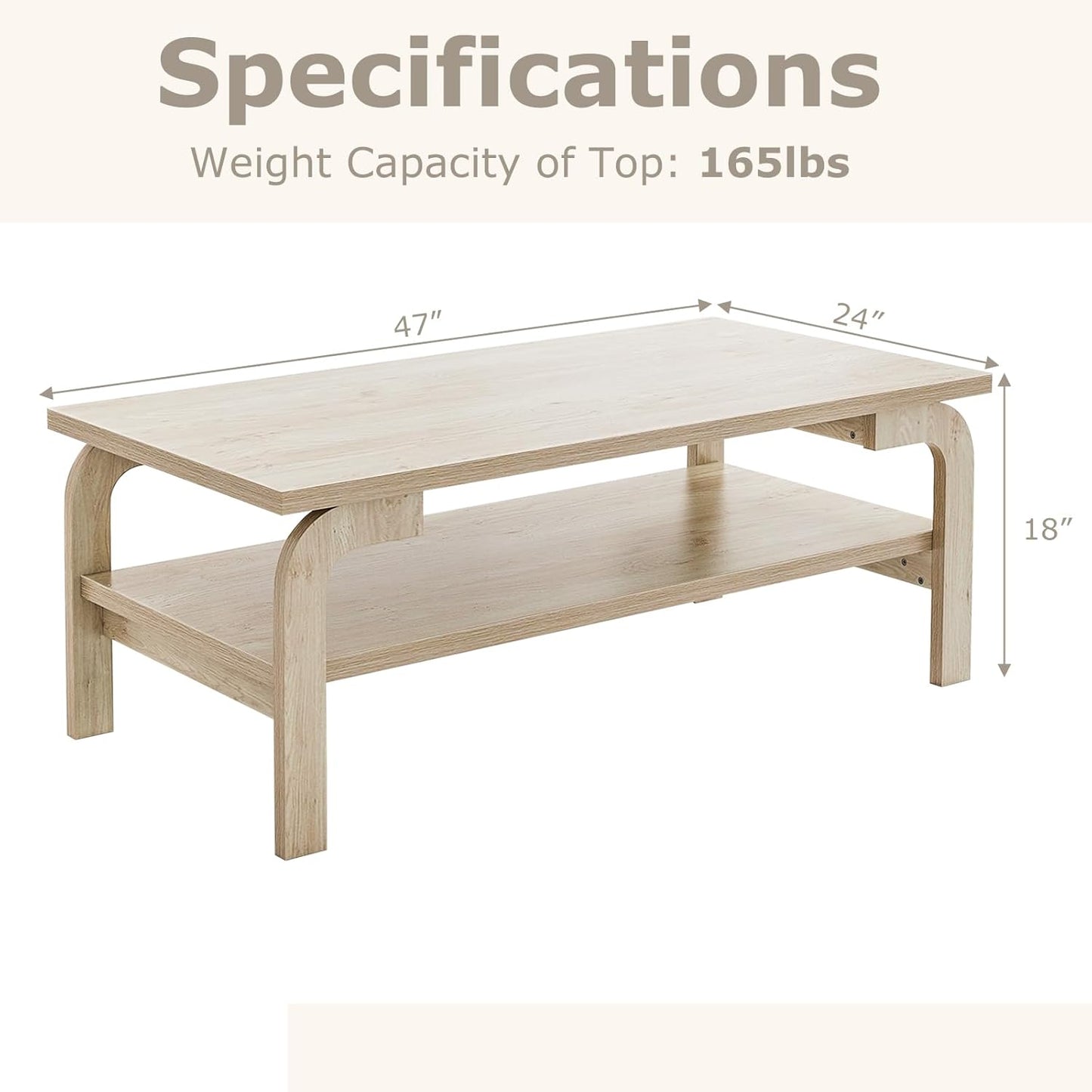2-Tier Coffee Table with Storage, 47” Mid Century Rectangle Accent Table with Open Shelf, Large Tabletop & Curved Legs, Rustic Style Wood Cocktail, Center Table for Living Room, Natural