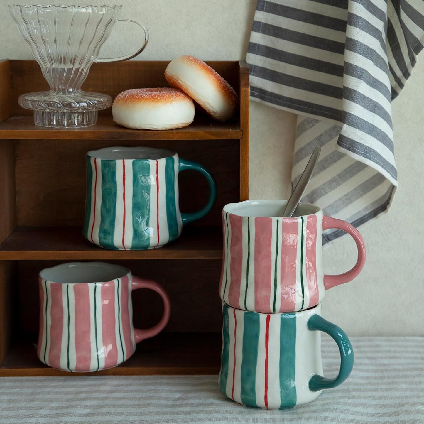 Striped Ceramic Coffee Mugs Set - 2 Pack, Pink & Green,Perfect for Morning Brew or Tea and Cocoa - for Coffee Lovers