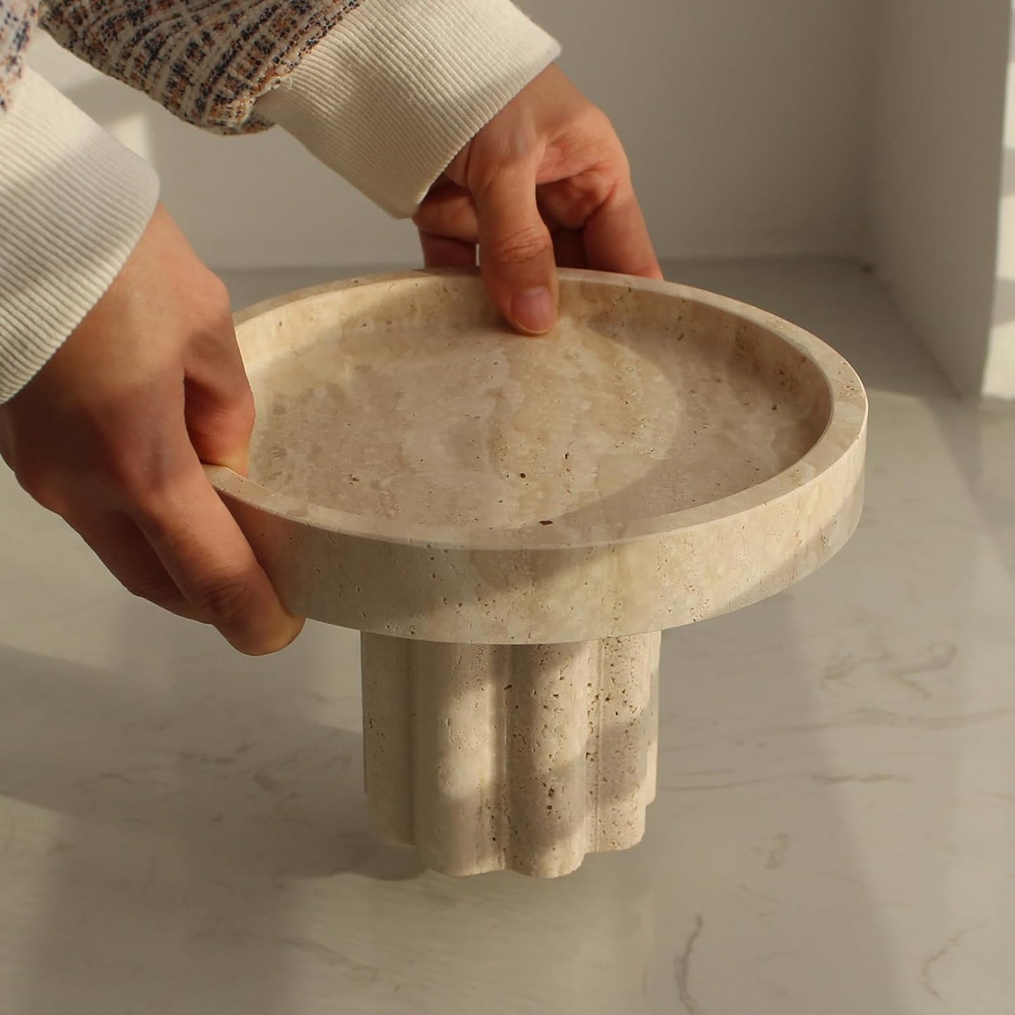 Natural Travertine Tray with Leg, round 7.1" Vanity Decorative Tray for Countertop Organizer, Catchall Tray for Perfume, Candles, Jewelry Dish