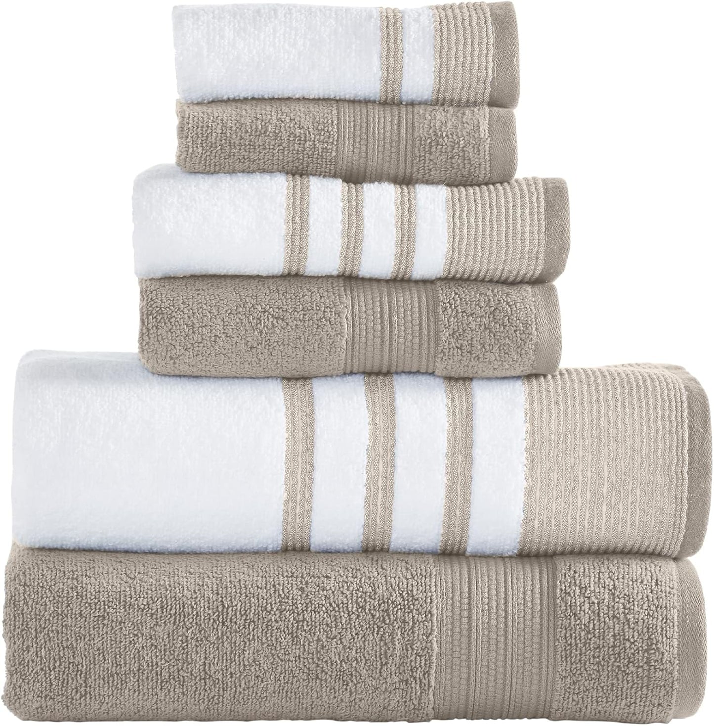 6 Piece Set, 2 Bath Towels, 2 Hand Towels, 2 Washcloths, Quick Dry White/Contrast Reinhart Sage