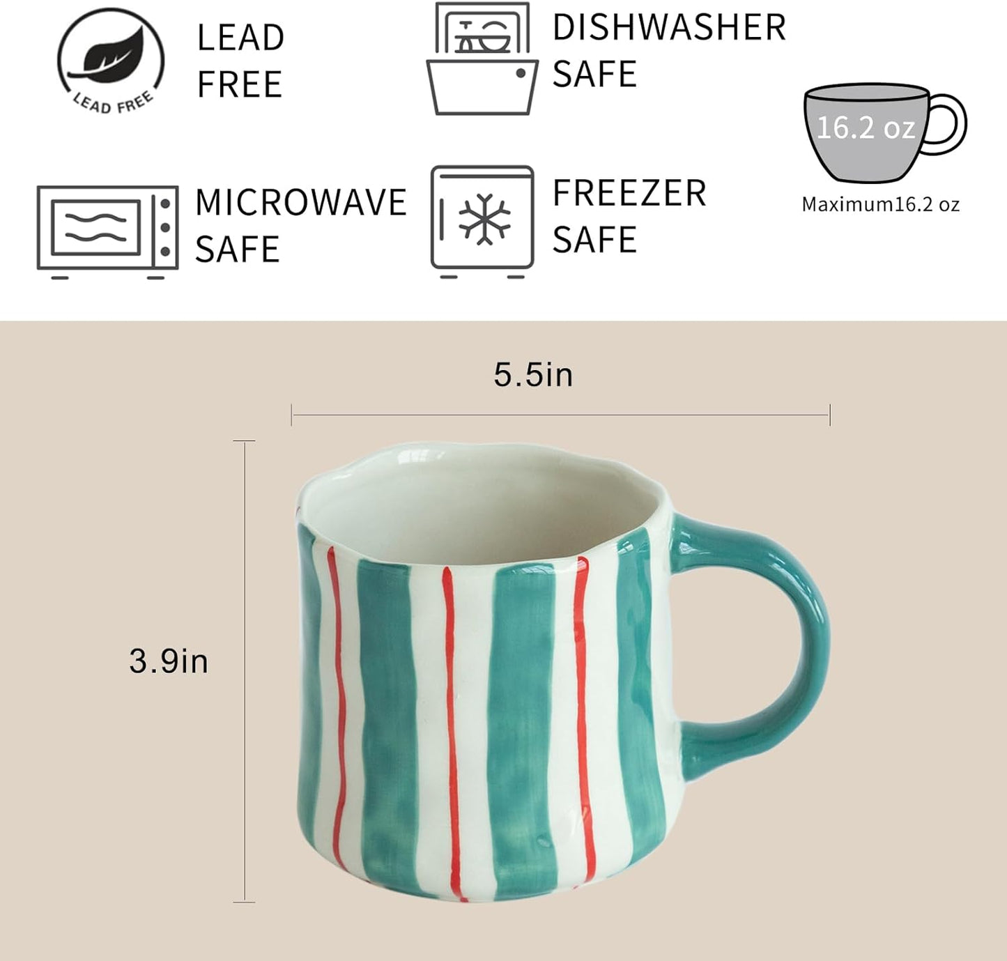 Striped Ceramic Coffee Mugs Set - 2 Pack, Pink & Green,Perfect for Morning Brew or Tea and Cocoa - for Coffee Lovers