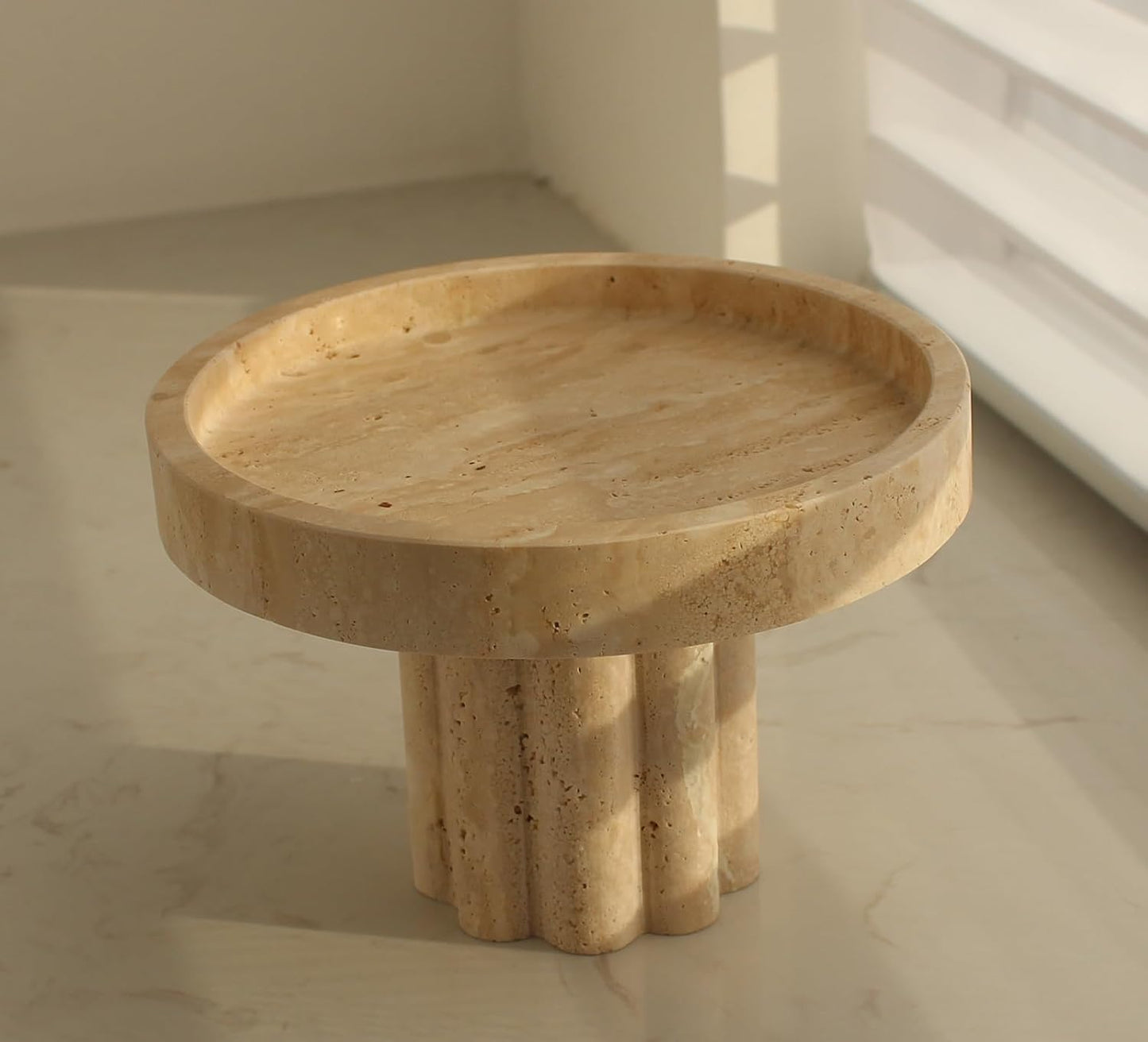 Natural Travertine Tray with Leg, round 7.1" Vanity Decorative Tray for Countertop Organizer, Catchall Tray for Perfume, Candles, Jewelry Dish