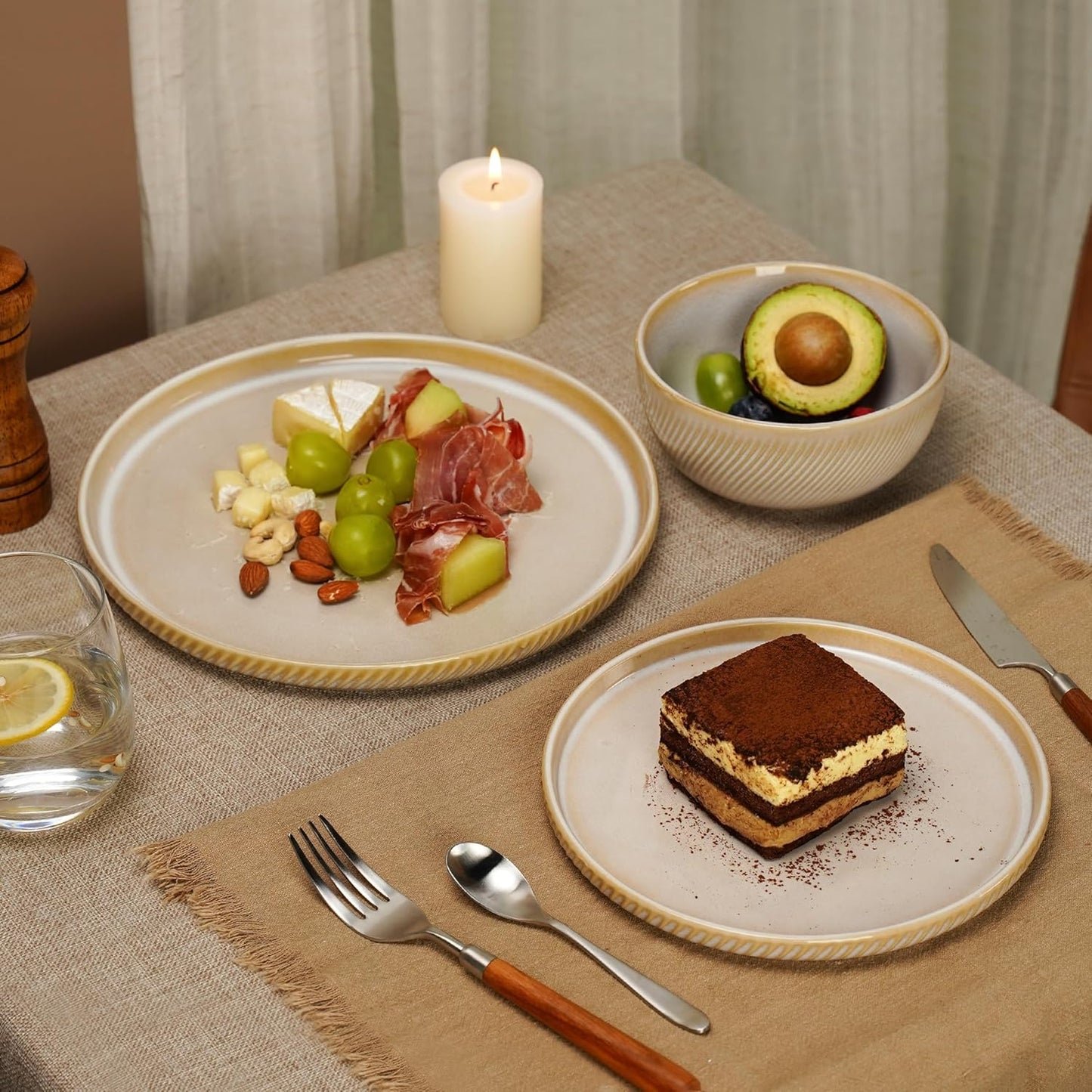 Stoneware Dinnerware Sets for 4, 12-Piece Scratch Resistant Plates and Bowls Set, Dishwasher and Microwave Safe Ceramic Dishes Set, Ribbed, Sculpted Dune