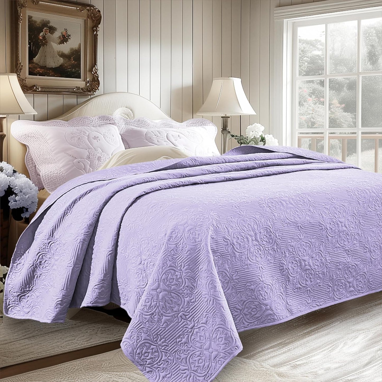 Bed Quilt Bedspread Coverlet - Reversible, Lightweight - Queen Size, Ivory