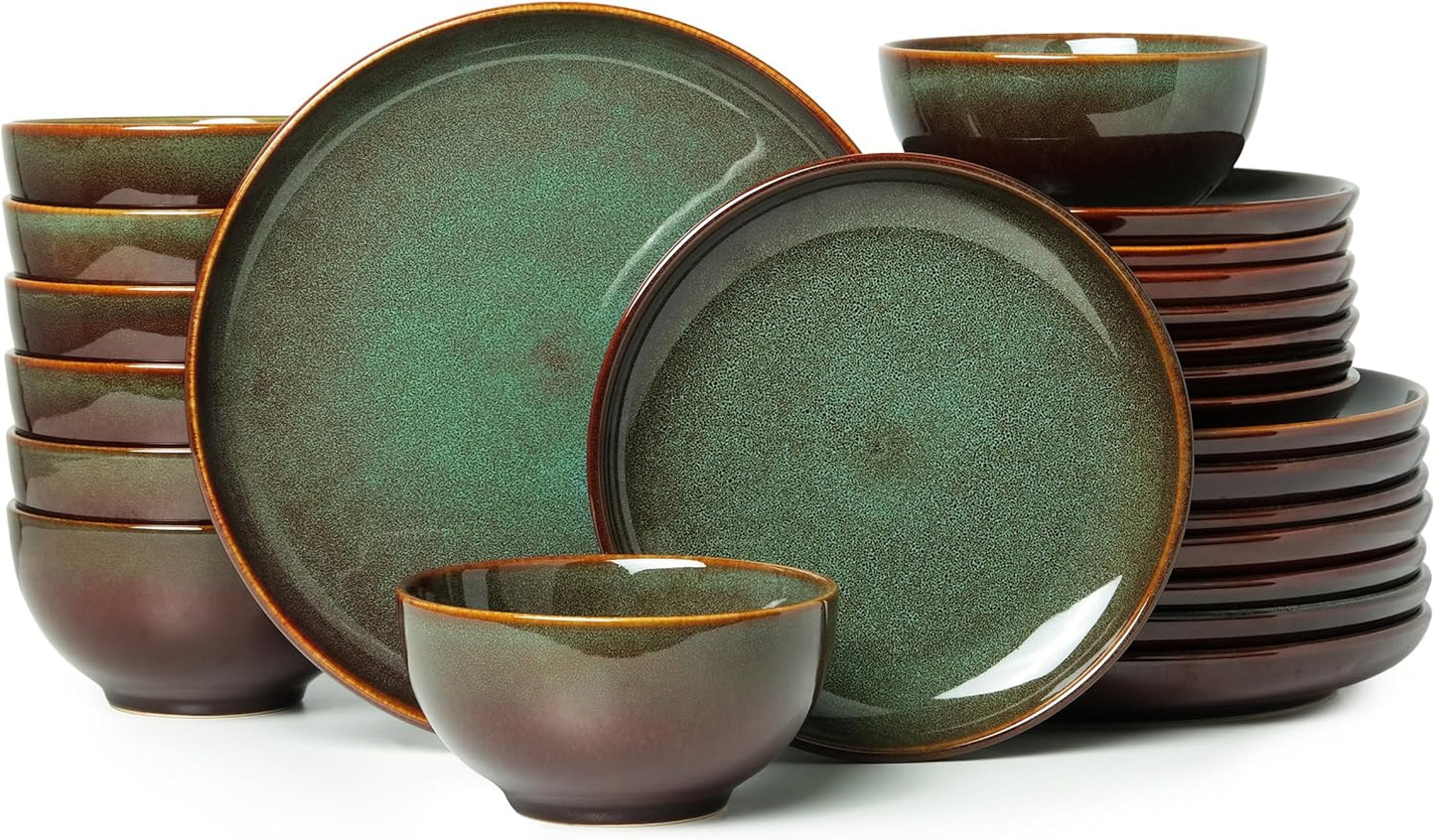 Stoneware Dinnerware Sets Service for 4, 12 Pcs Reactive Glaze Plates and Bowls Sets, Handmade Ceramic Dish Set, Highly Chip and Crack Resistant Modern Plate Set, Brown Green