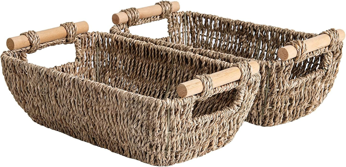 Hand-Woven Large Storage Baskets with Wooden Handles, Water Hyacinth Wicker Baskets for Organizing, 2-Pack
