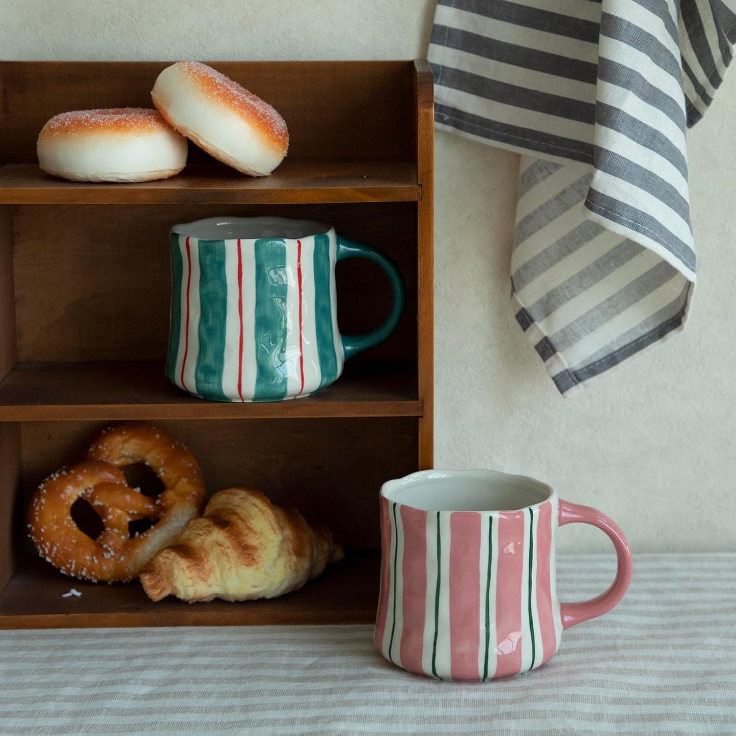 Striped Ceramic Coffee Mugs Set - 2 Pack, Pink & Green,Perfect for Morning Brew or Tea and Cocoa - for Coffee Lovers