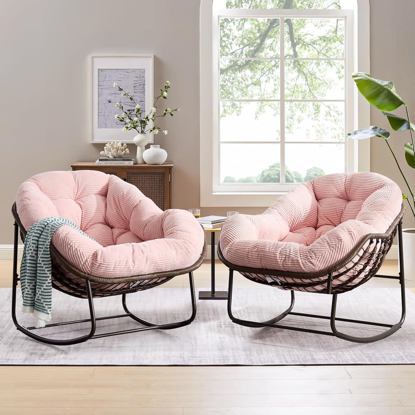 Large Indoor Outdoor Rocking Chair, Oversized Rocking Papasan Chair with Thick Cushion and Frame Outdoor Rocker, Comfy Wicker Egg Chairs Lounge for outside Porch Patio Backyard Balcony (Beige)