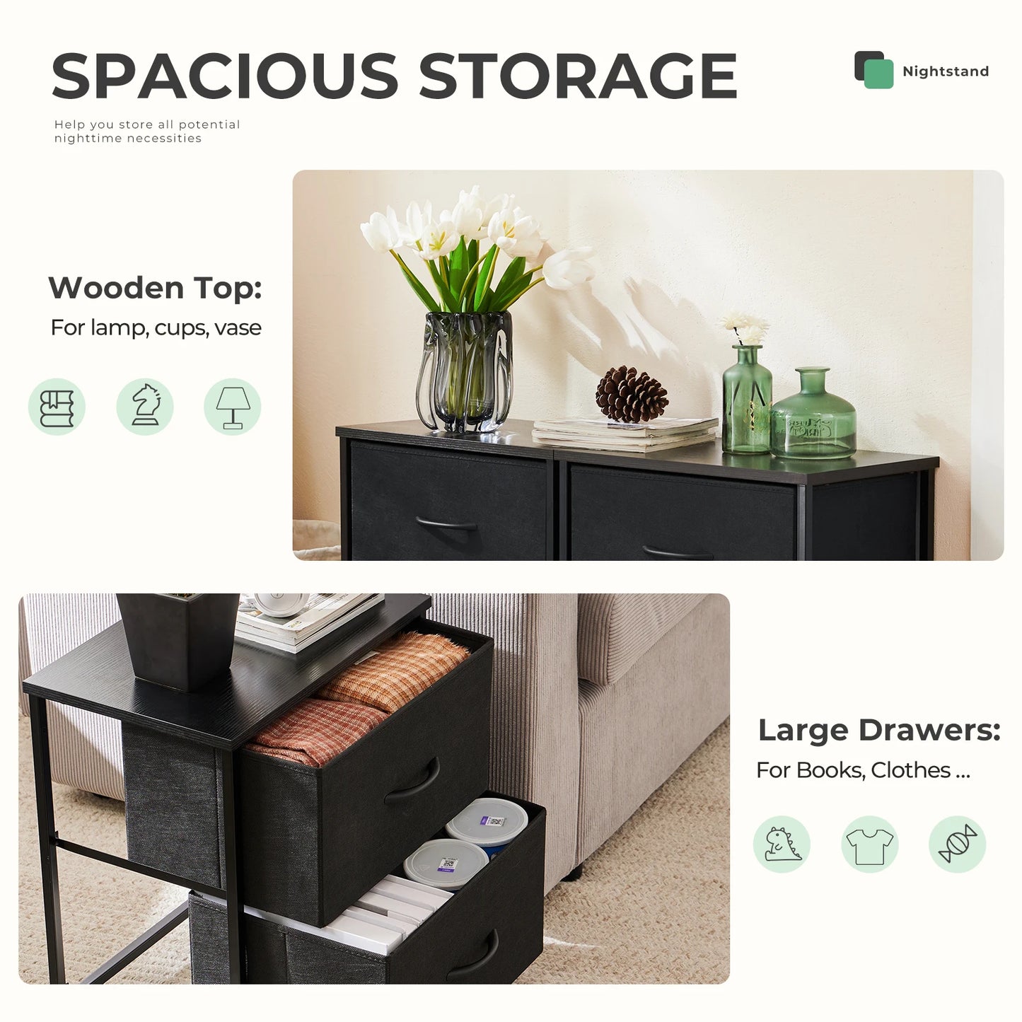 Minimalist Modern Nightstand with 2 Removable Fabric Drawers