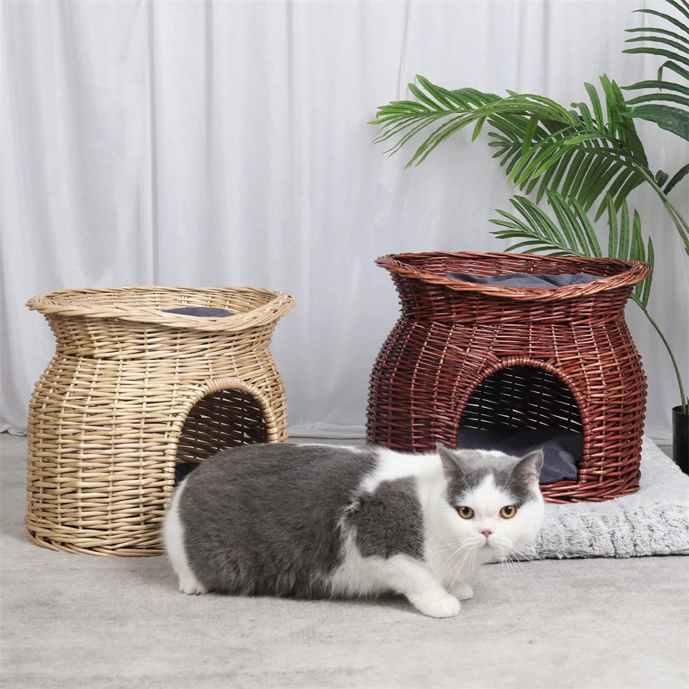 BORWART Double-Layer Wicker Cat House – With Cushions and Removable Cover