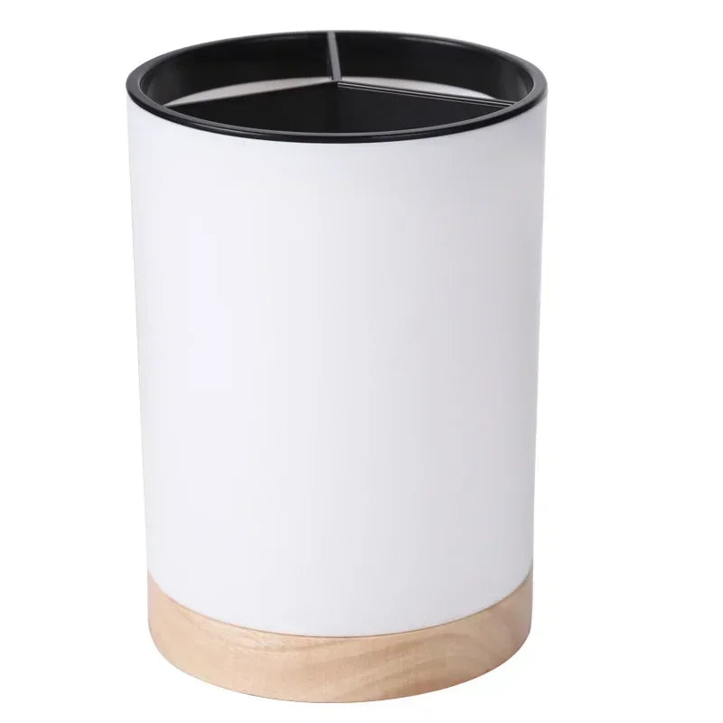 Plastic Utensil Holder with Wooden Accents – Detachable Cutlery Drainer