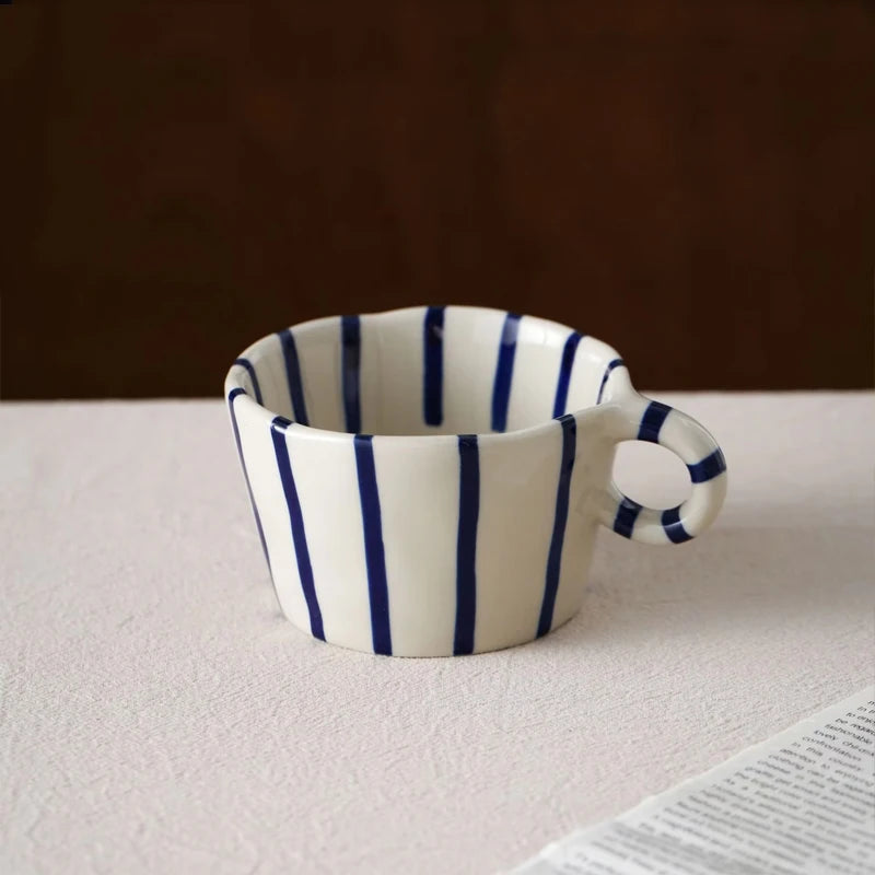 Striped Ceramic Coffee Mug – Vintage Handgrip Latte & Tea Cup (Single Piece)