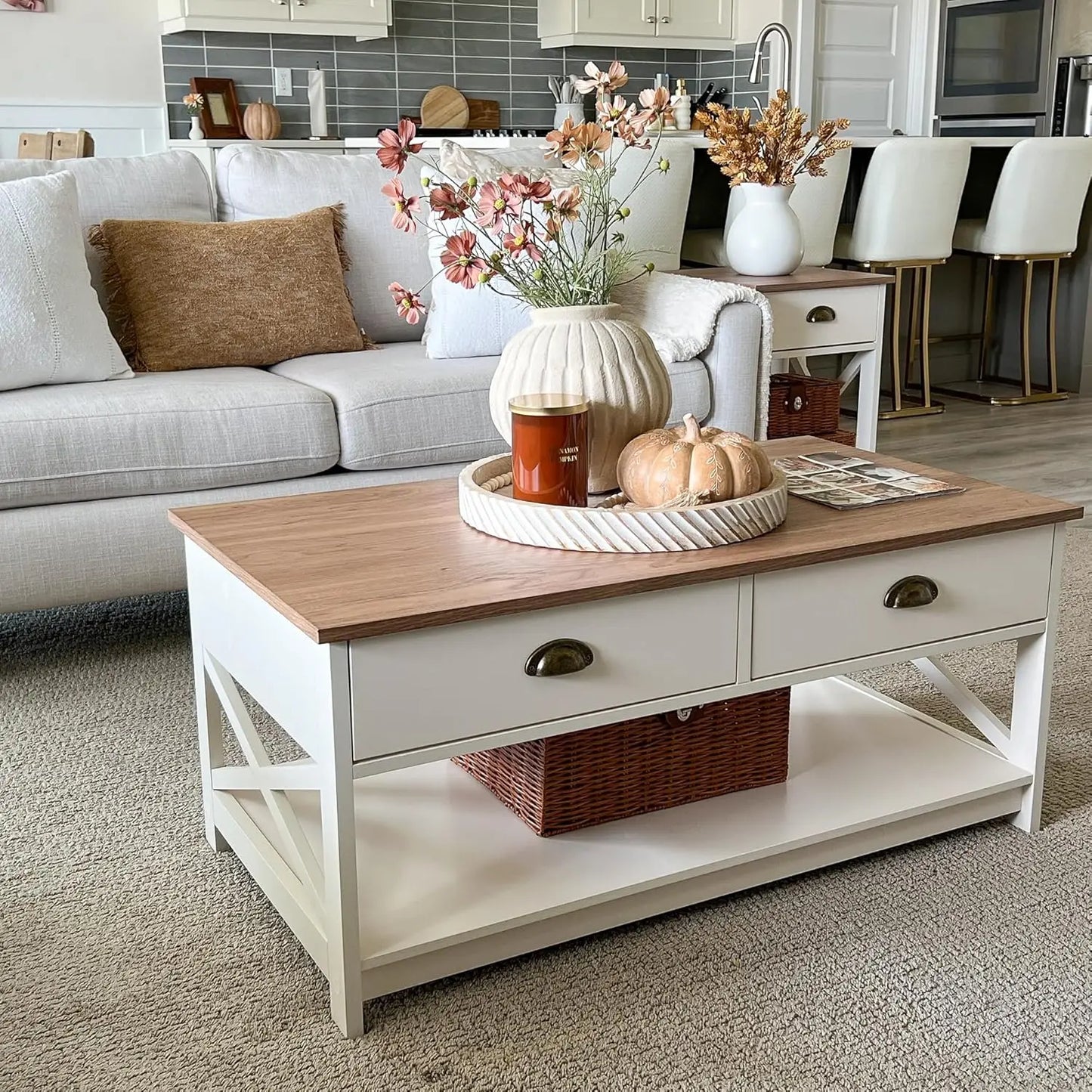 Ivory Farmhouse Coffee Table with Storage – 39.4" x 21.7"