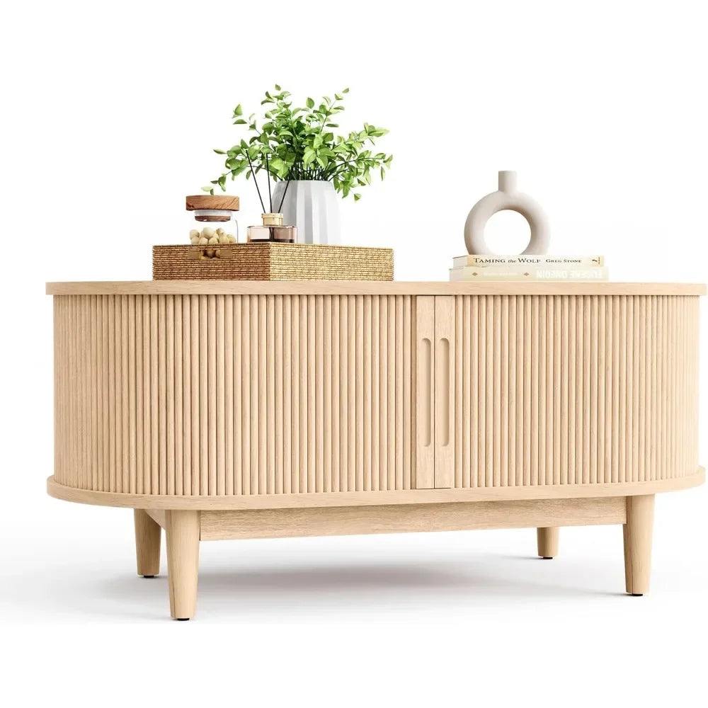 Mid-Century Modern Oval Coffee Table with Sliding Tambour Door – Natural Oak Finish