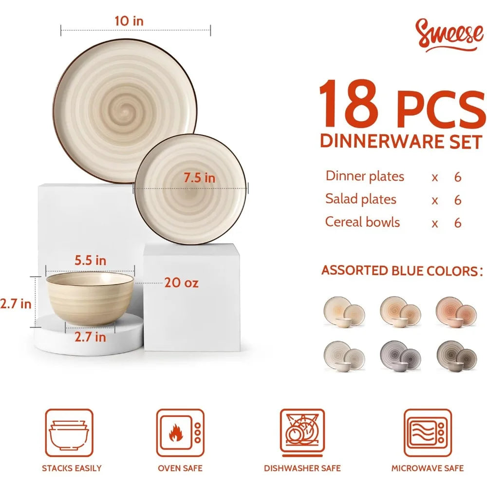 18-Piece Porcelain Dinnerware Set – Swirl Design, Service for 6