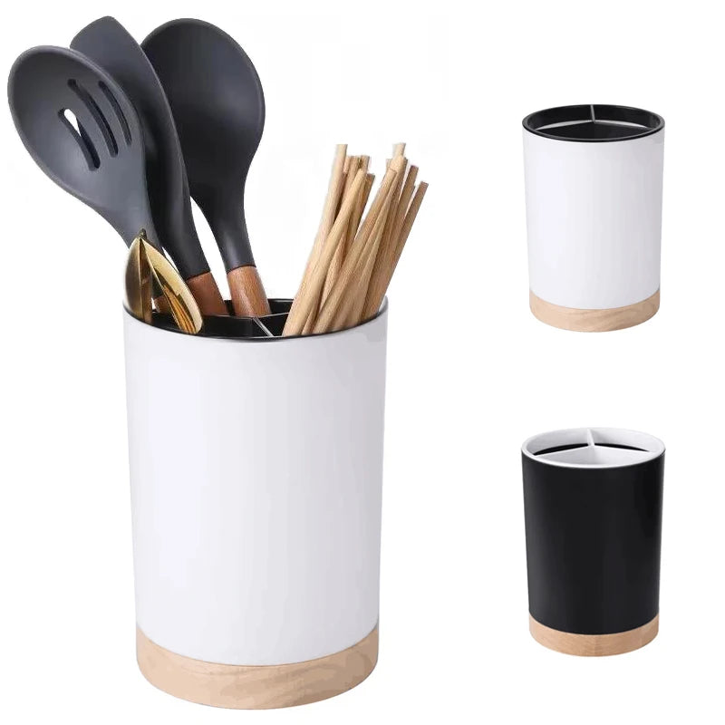 Plastic Utensil Holder with Wooden Accents – Detachable Cutlery Drainer
