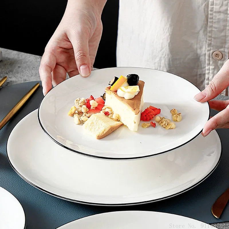 White Ceramic Plate with Black Rim – Minimalist Round Design