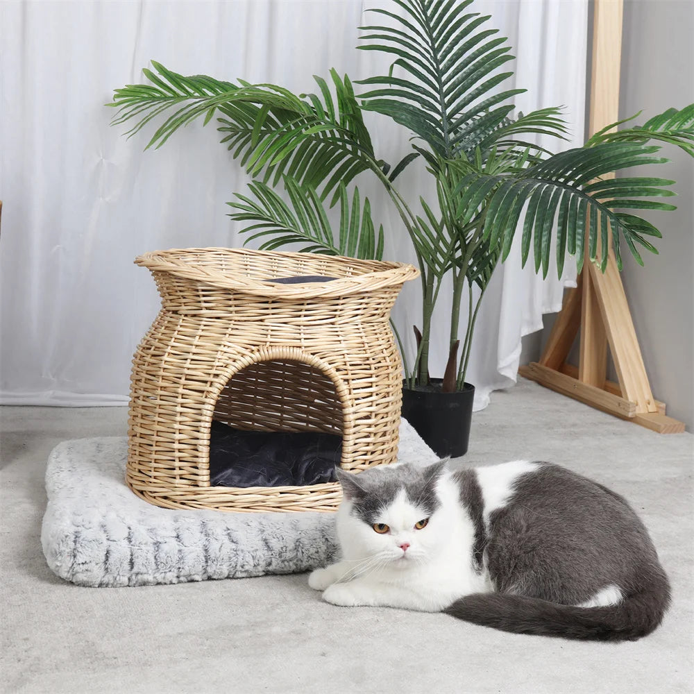 BORWART Double-Layer Wicker Cat House – With Cushions and Removable Cover