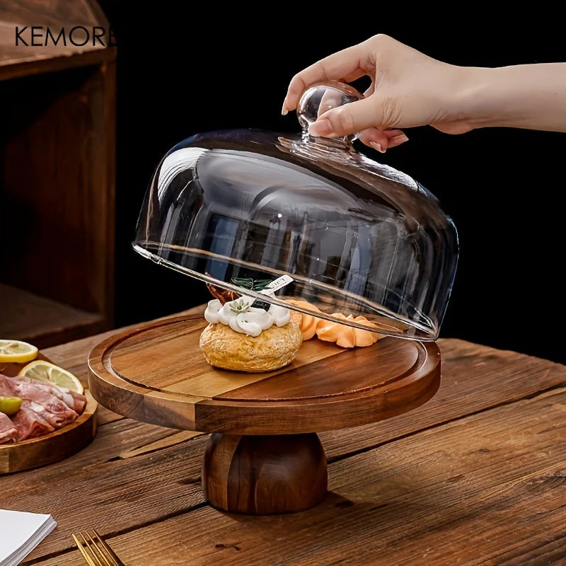Acacia Wood Cake Stand – Round Display Tray with Optional Glass Cover