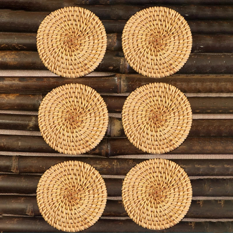Rattan Woven Drink Coasters – 3 or 6 Piece Heat-Resistant Mat Set (3.1”)