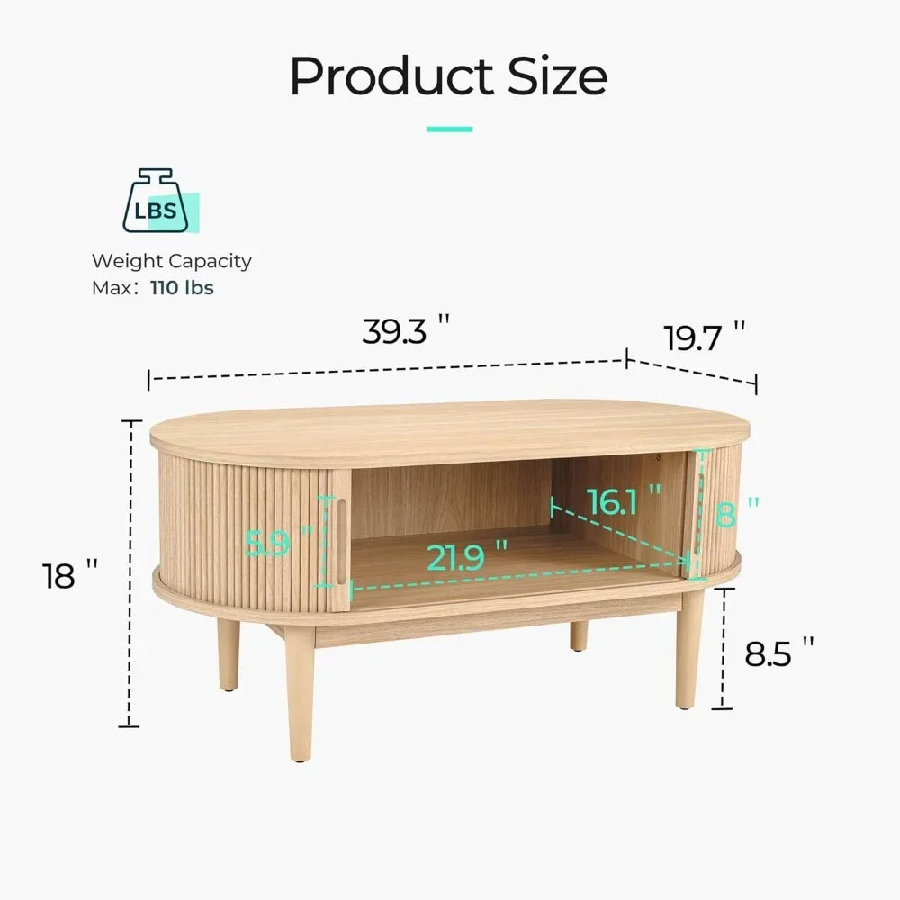 Mid-Century Modern Oval Coffee Table with Sliding Tambour Door – Natural Oak Finish