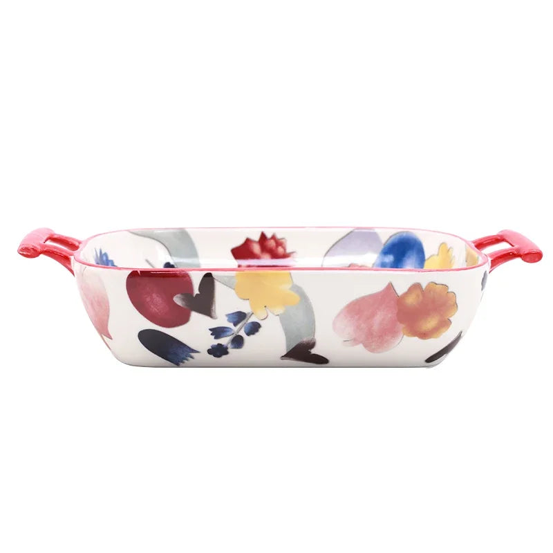 Ceramic Double-Ear Baking Dish – Floral Rectangular Oven Plate