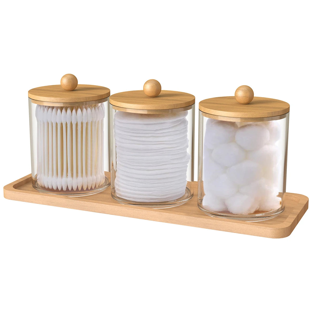 3PCS Qtip Holder Set with Bamboo Lids – 10oz Clear Bathroom Organizer