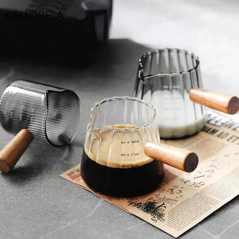 Glass Measuring Cup – Wooden Handle, Single/Double Mouth, 3 fl oz / 4 fl oz / 6 fl oz