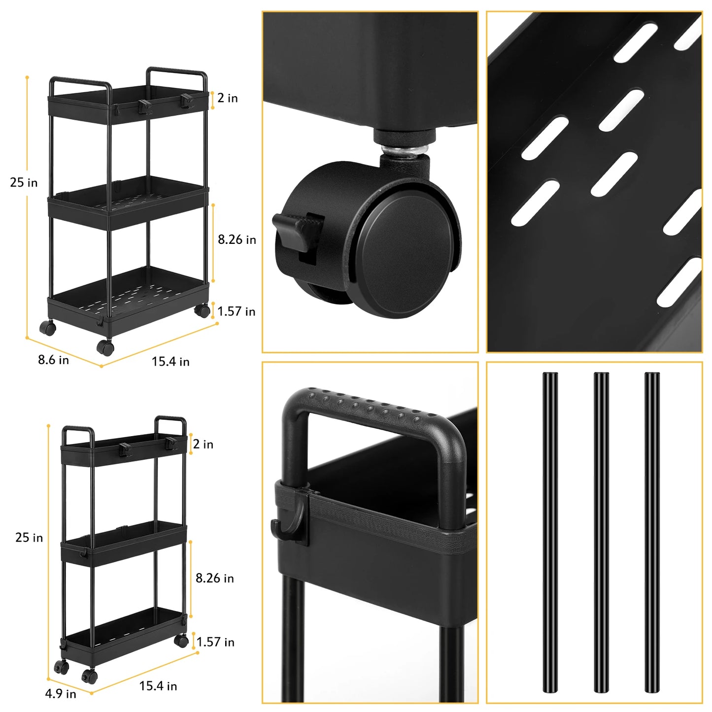 2-Piece Slim and Wide 3-Tier Rolling Utility Cart Set – Black
