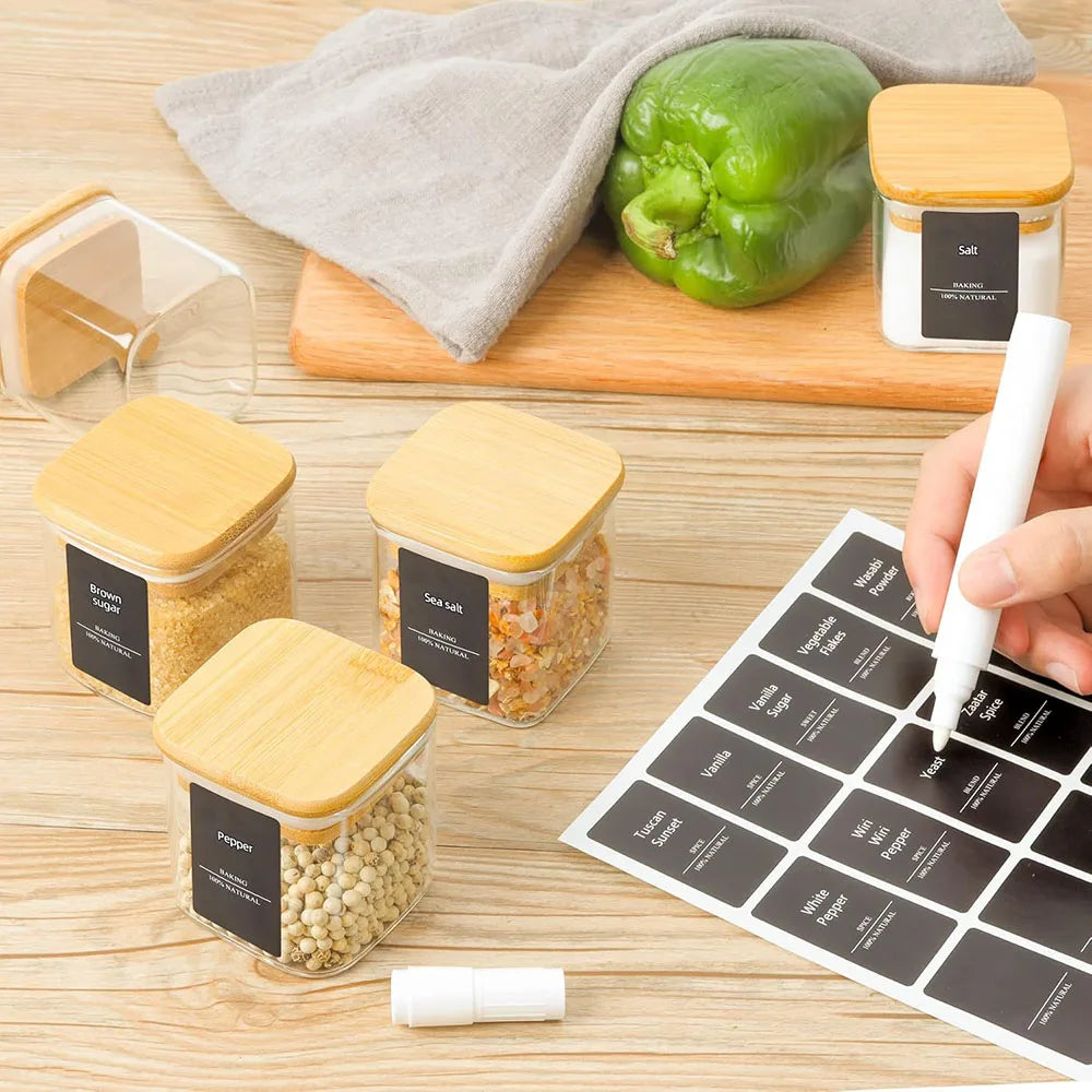 Glass Spice Jars with Bamboo Lid – 4oz Airtight Square Containers (Set with Labels)