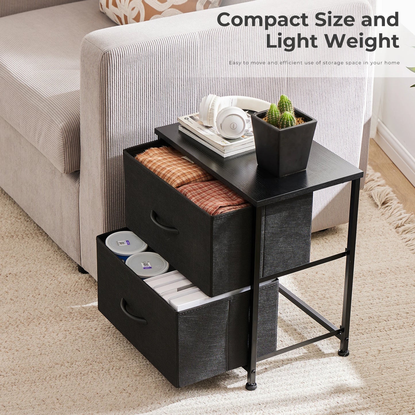 Minimalist Modern Nightstand with 2 Removable Fabric Drawers