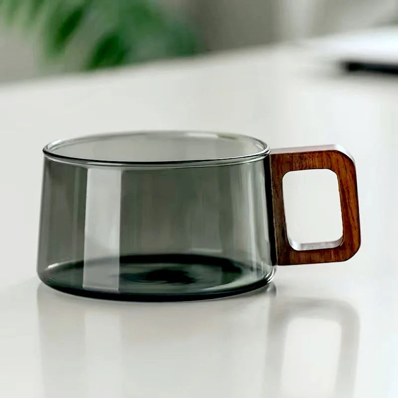 American Latte Glass Coffee Mug with Wooden Tray & Spoon