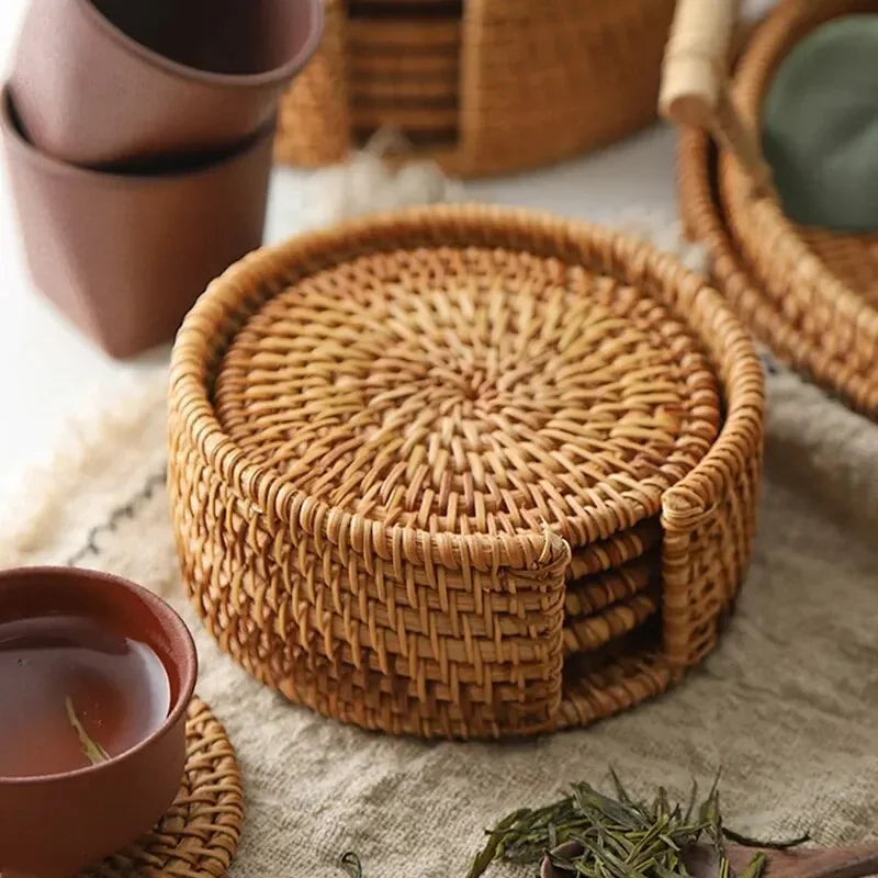 Rattan Woven Drink Coasters – 3 or 6 Piece Heat-Resistant Mat Set (3.1”)