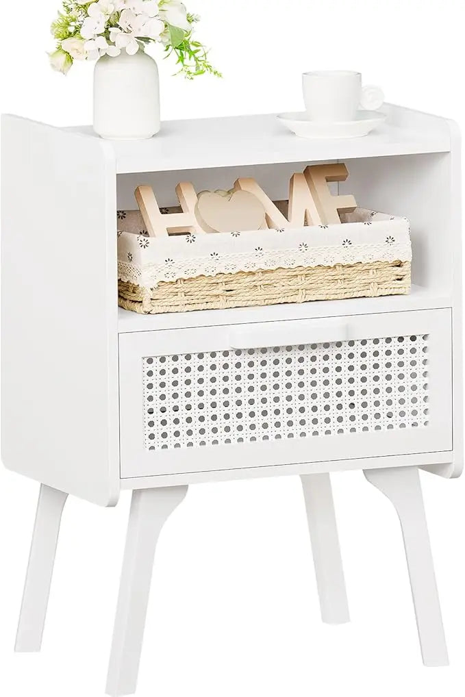 Modern Rattan Nightstand – Natural Wood with Drawer & Shelf