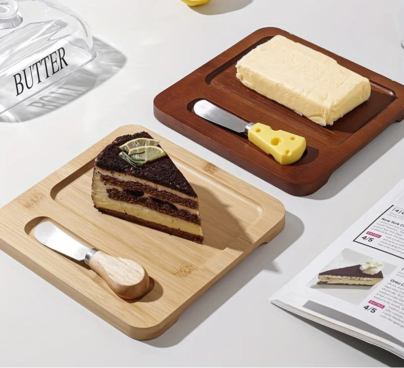 Wood Butter Dish with Glass Lid & Knife
