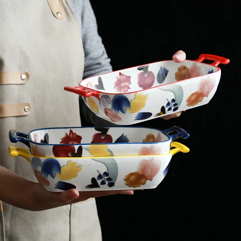 Ceramic Double-Ear Baking Dish – Floral Rectangular Oven Plate