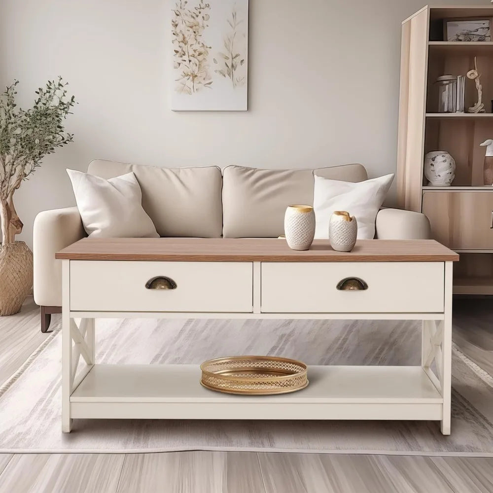 Ivory Farmhouse Coffee Table with Storage – 39.4" x 21.7"