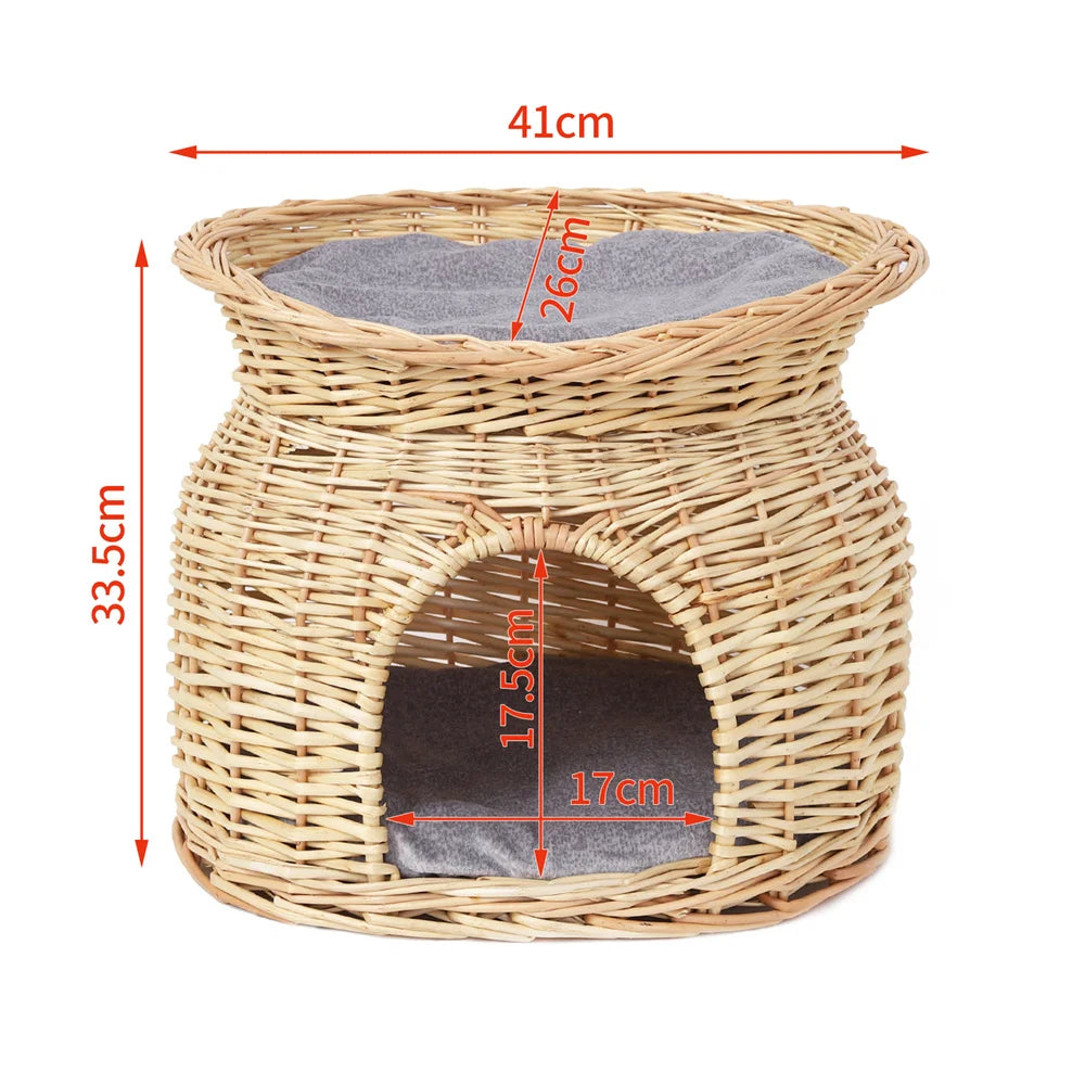 BORWART Double-Layer Wicker Cat House – With Cushions and Removable Cover