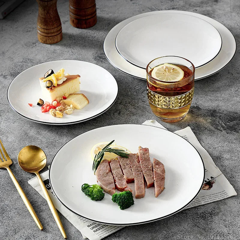 White Ceramic Plate with Black Rim – Minimalist Round Design