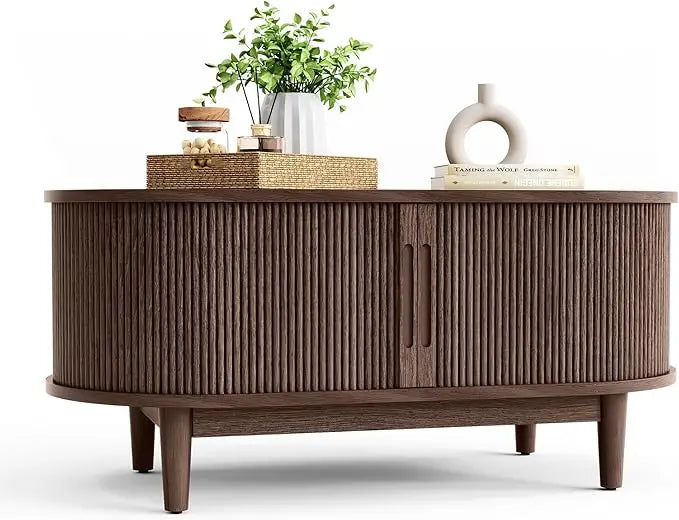 Mid-Century Modern Oval Coffee Table with Sliding Tambour Door – Natural Oak Finish