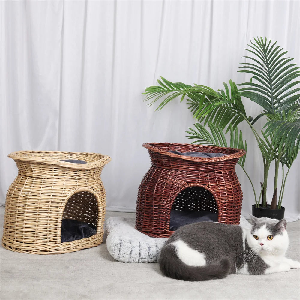 BORWART Double-Layer Wicker Cat House – With Cushions and Removable Cover