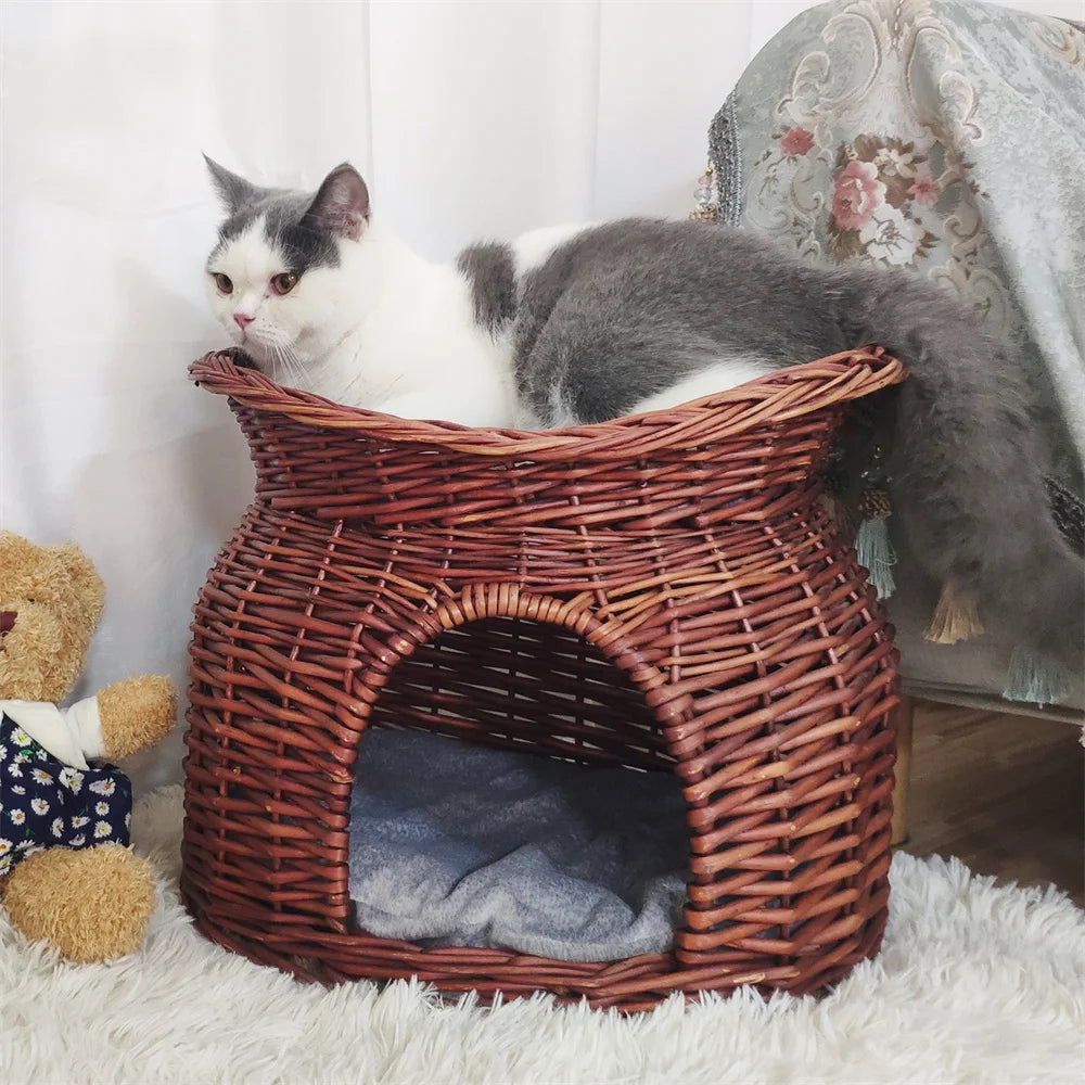 BORWART Double-Layer Wicker Cat House – With Cushions and Removable Cover