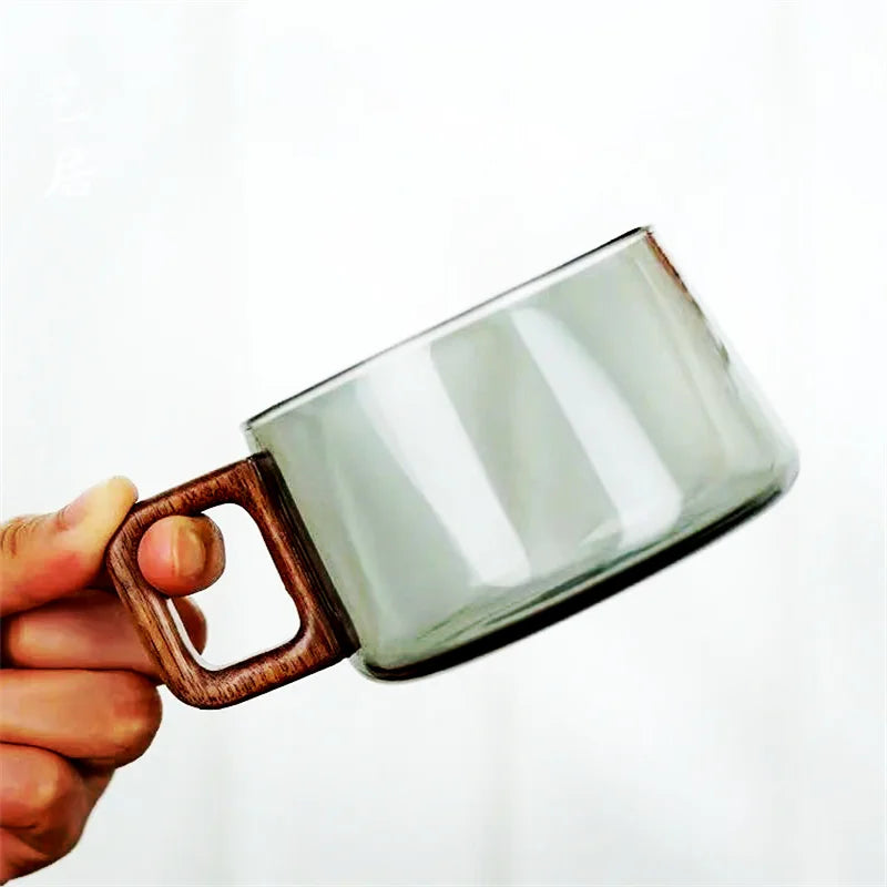 American Latte Glass Coffee Mug with Wooden Tray & Spoon
