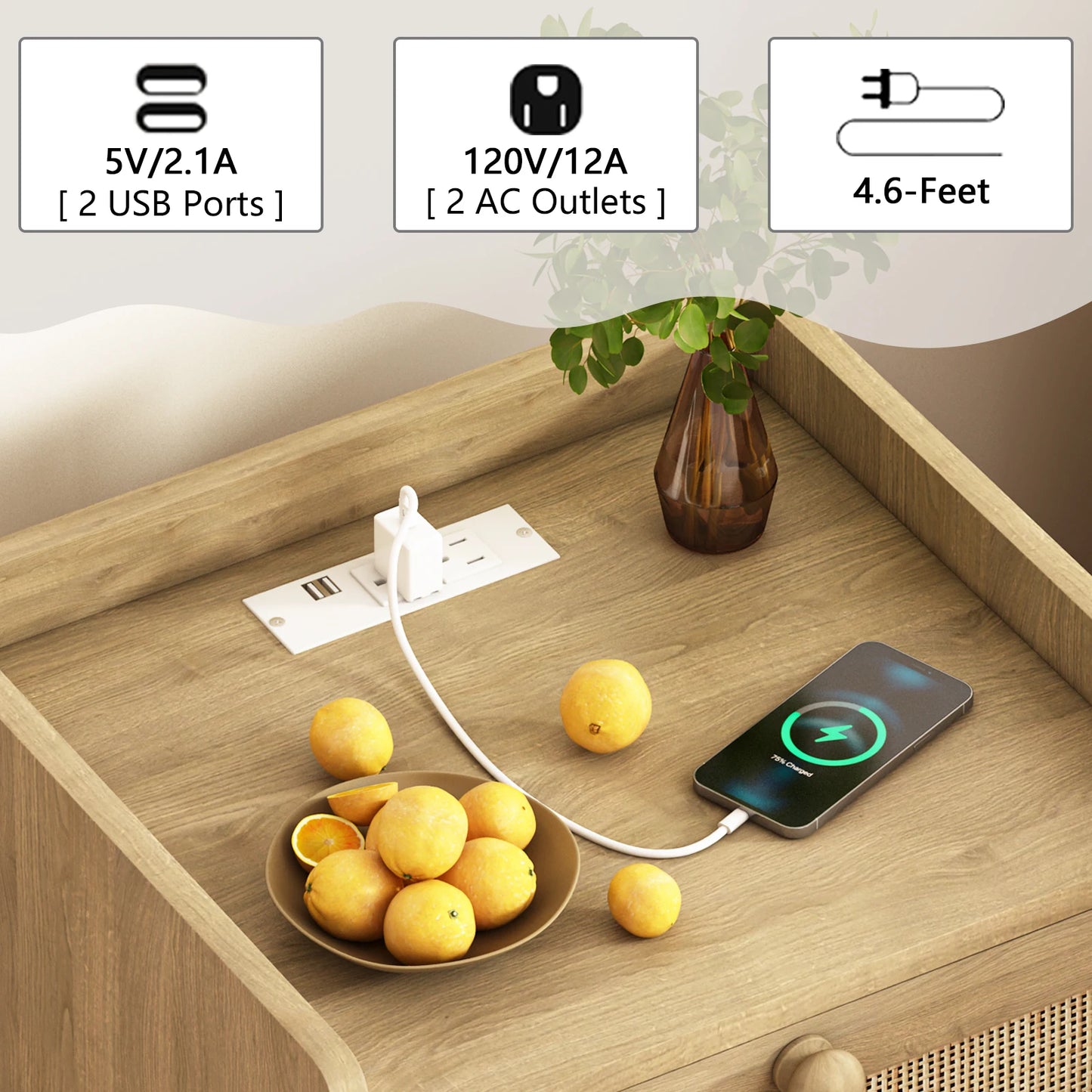 Boho Rattan Nightstand with Charging Station – Modern Countryside Style