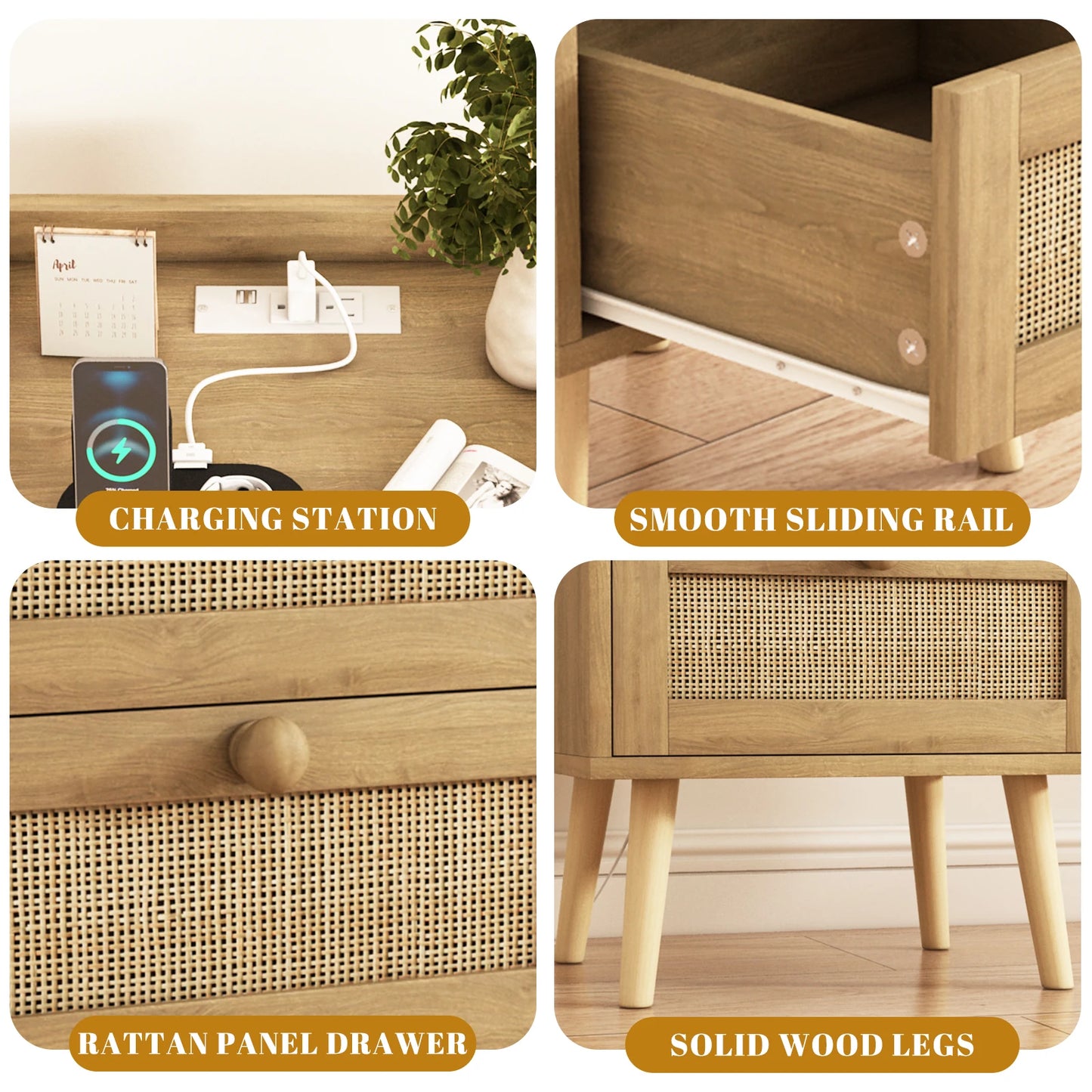 Boho Rattan Nightstand with Charging Station – Modern Countryside Style