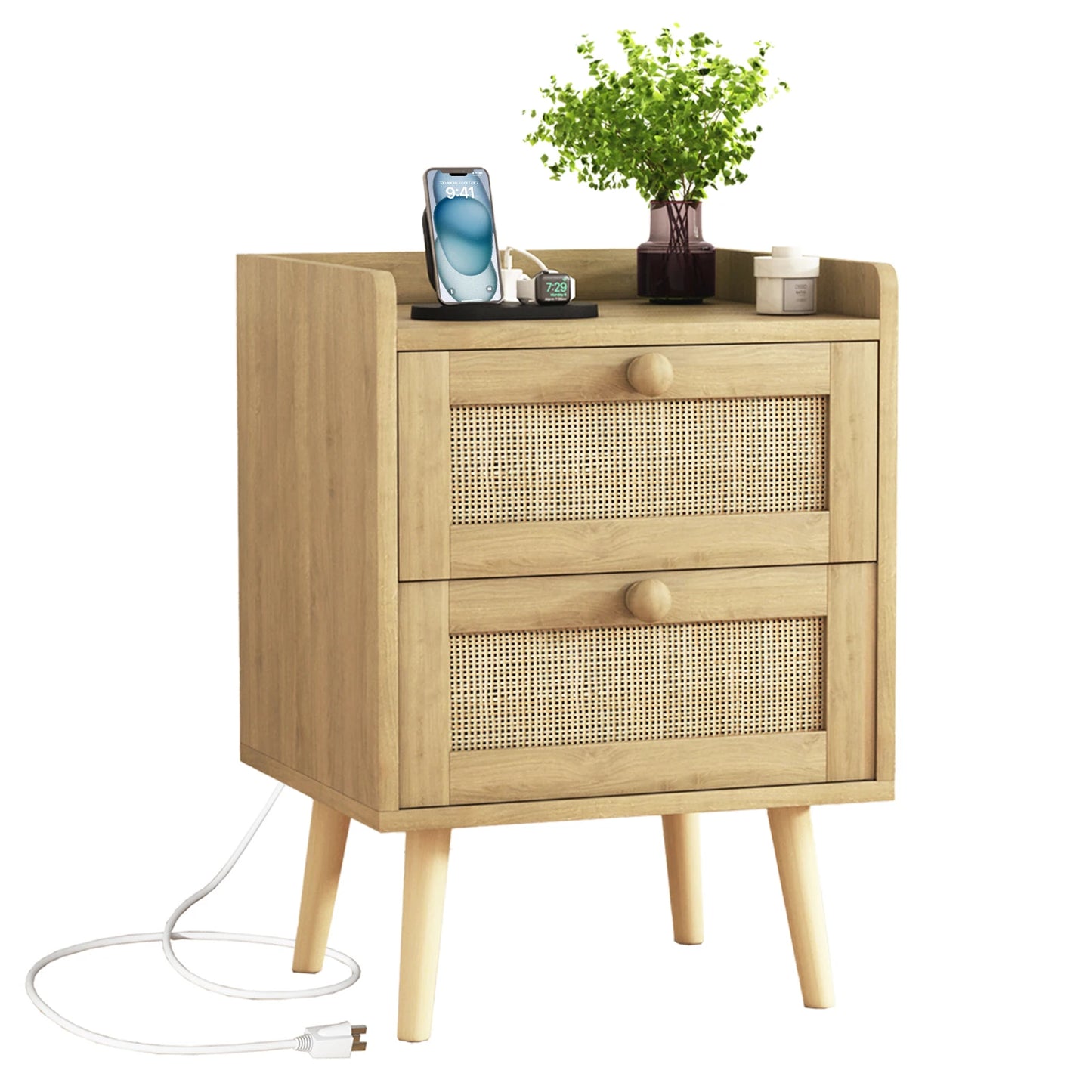 Boho Rattan Nightstand with Charging Station – Modern Countryside Style