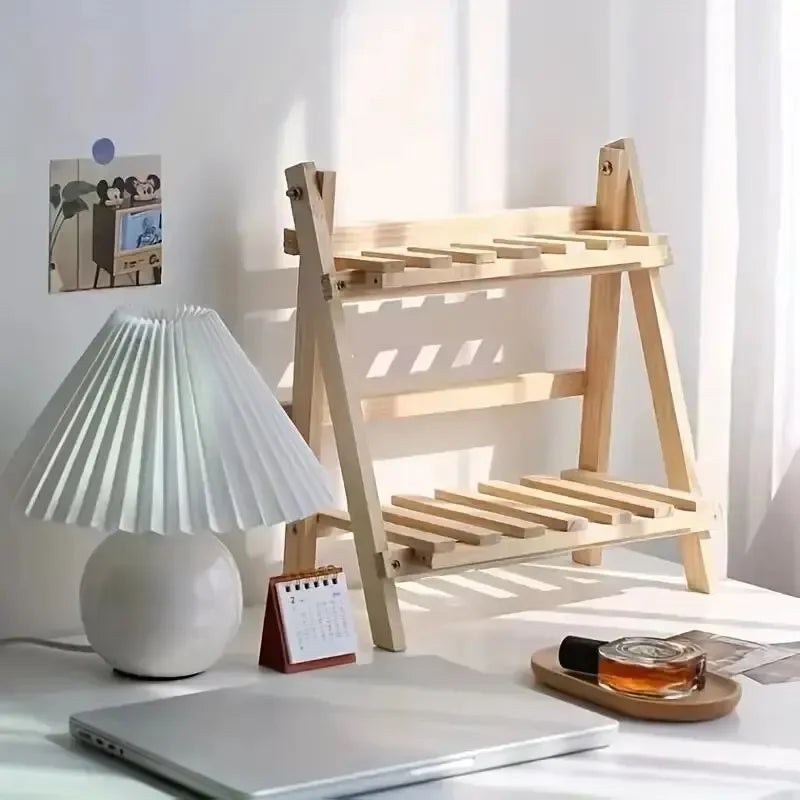 2-Tier Wooden Desktop Organizer Shelf – Trapezoidal Design
