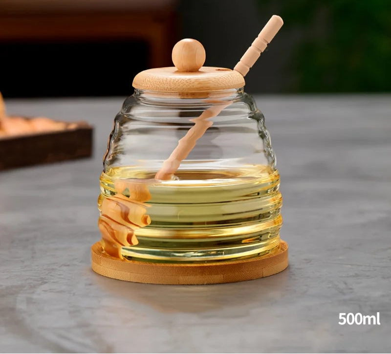 Glass Honeycomb Honey Jar with Dipper & Lid – 13.5 fl oz Capacity