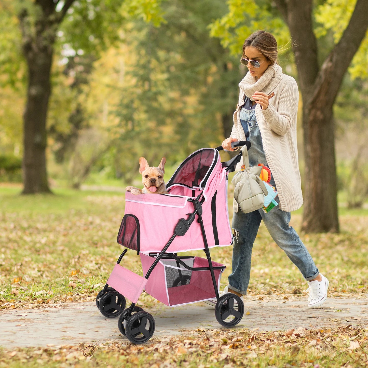 Foldable Pet Stroller – Pink 4-Wheel Dog & Cat Carrier